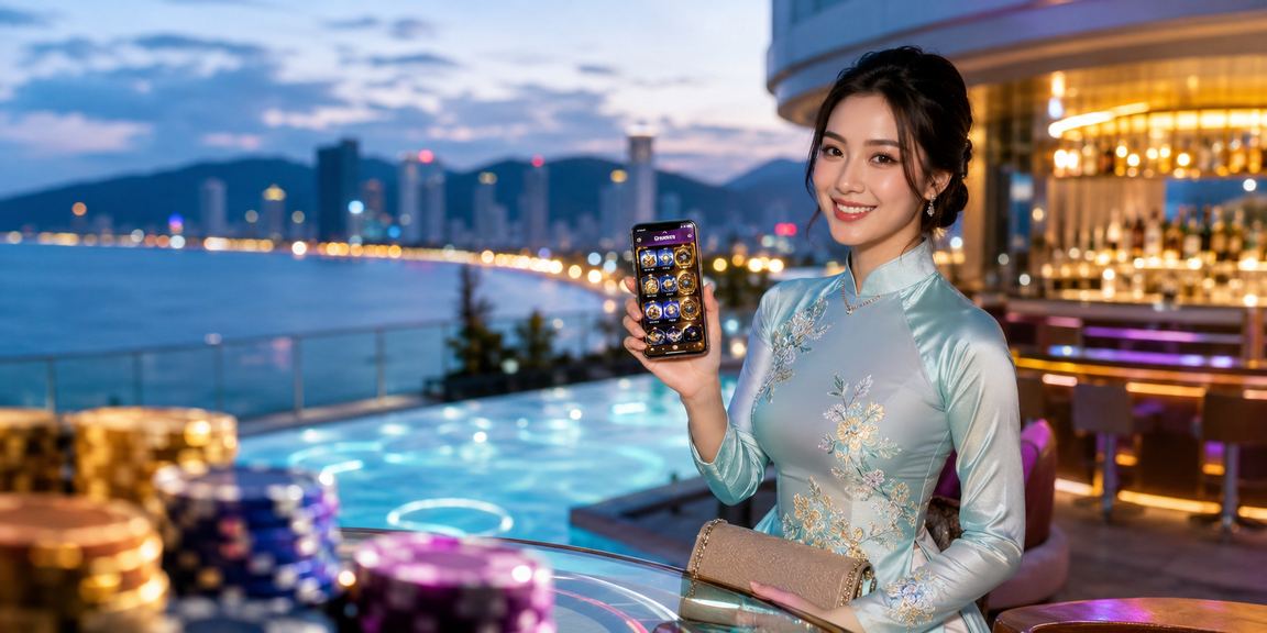 Cô gái mặc áo dài tại Nha Trang mở ứng dụng casino trên điện thoại bên bãi biển